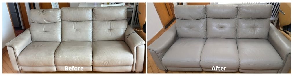 Leather sofa seat colour-loss restoration before and after - Furniture Clinic Hong Kong